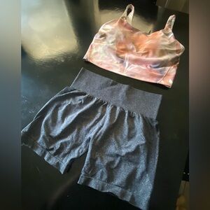 Gray and Pink Cute Workout Women's Bike Shorts and Top Set Matching Combo